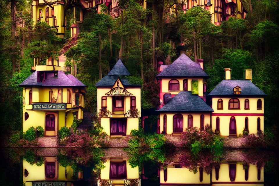 Charming fairy tale houses in lush greenery with pink and purple hues