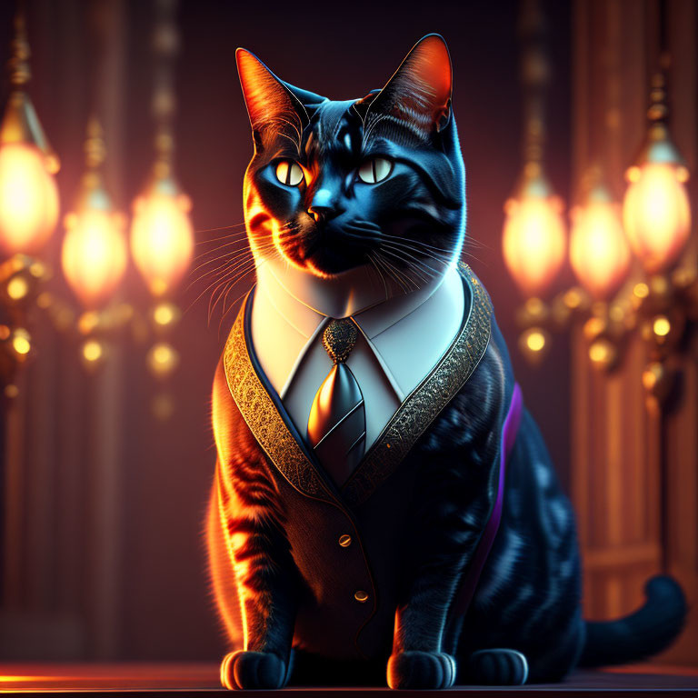 Digital artwork: Cat in formal suit with glowing lantern backdrop