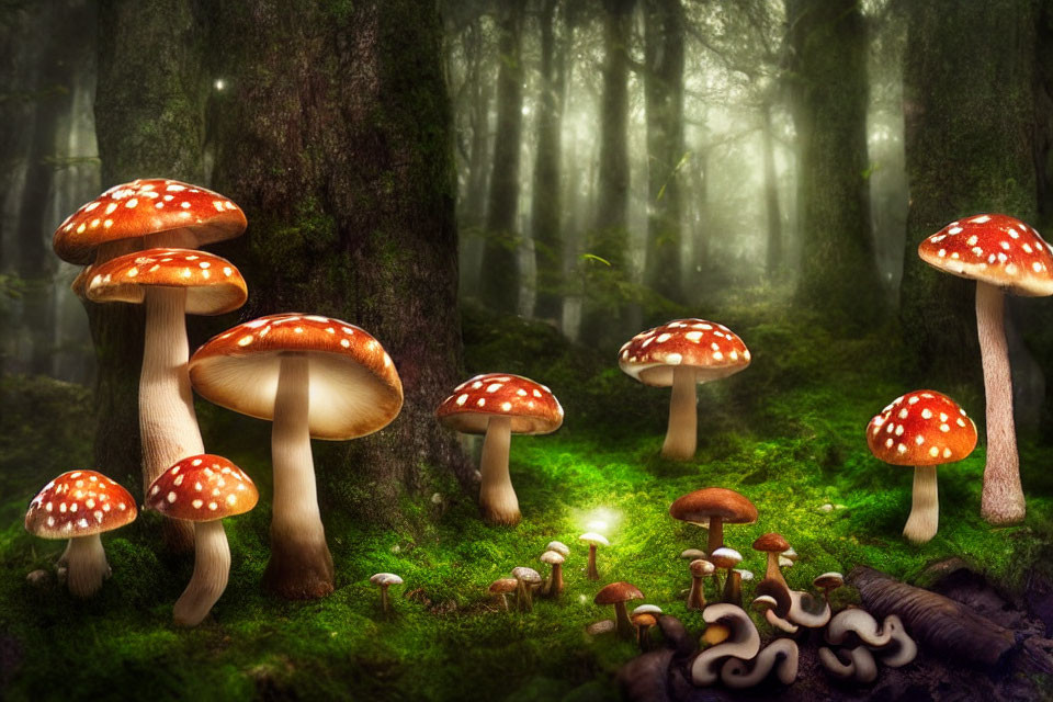 Enchanting forest with oversized red-capped mushrooms and misty sunbeams