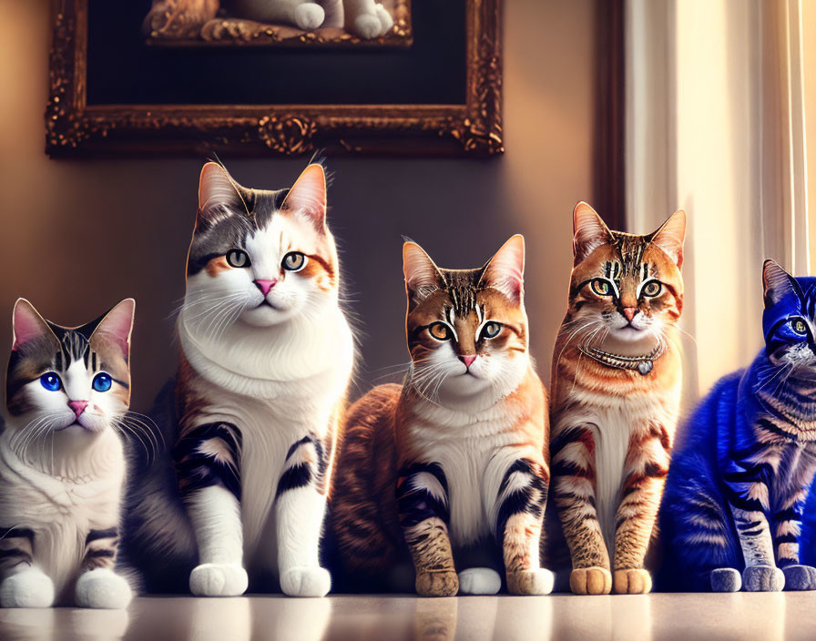 Five Cats with Oversized Human-Like Eyes Sitting by Window