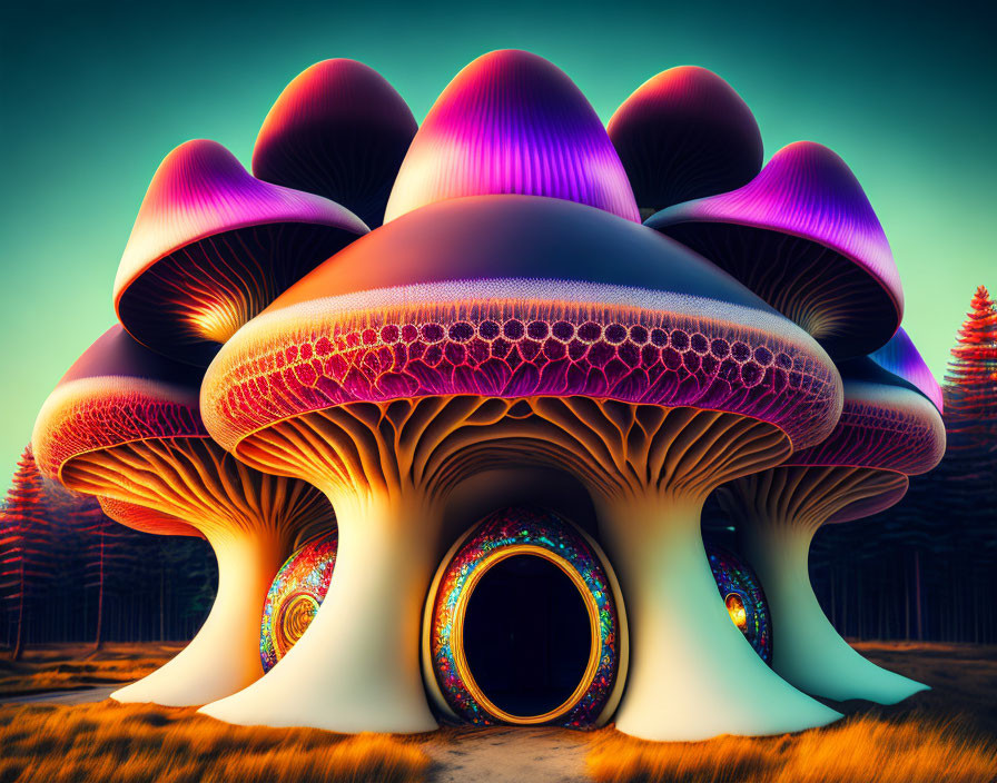 Colorful Oversized Fantasy Mushrooms in Sunset Forest Landscape