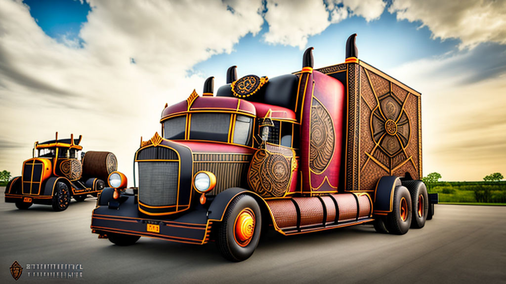 Vintage-style trucks with steampunk designs on open road under cloudy sky