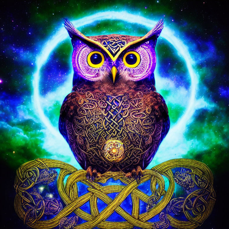 Colorful Owl with Glowing Eyes in Cosmic Setting and Celtic Knots