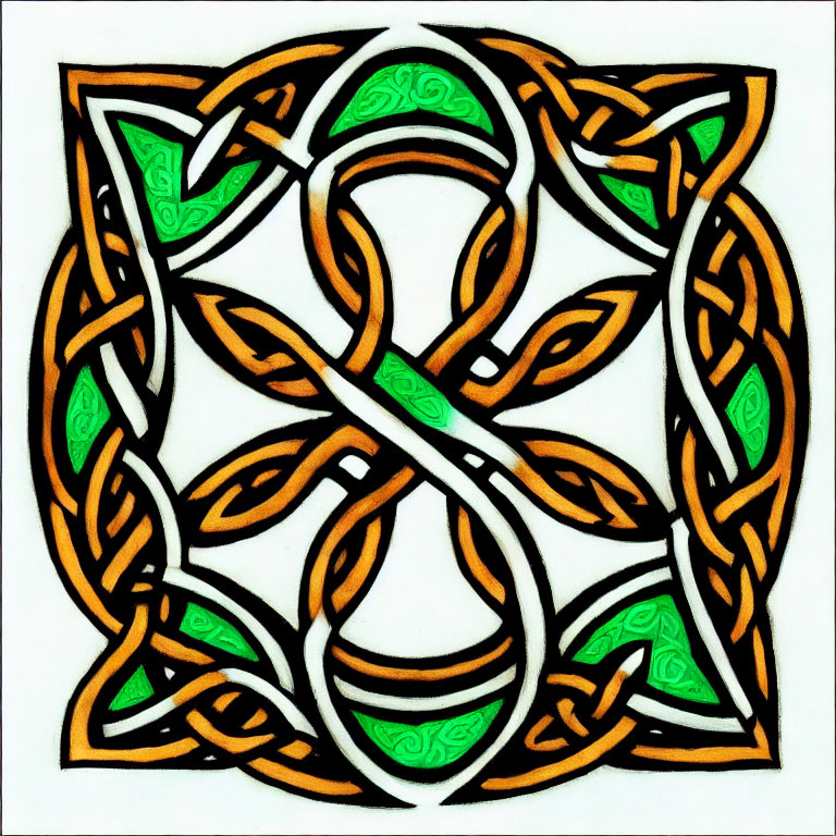 Colorful Celtic Knot Design in Orange and Green on White Background