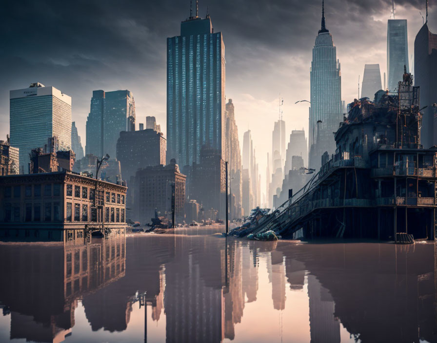 Dystopian Cityscape with Submerged Buildings and Ruins