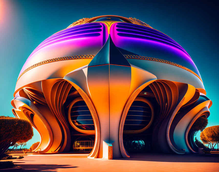 Futuristic spherical building with orange and purple hues against blue sky