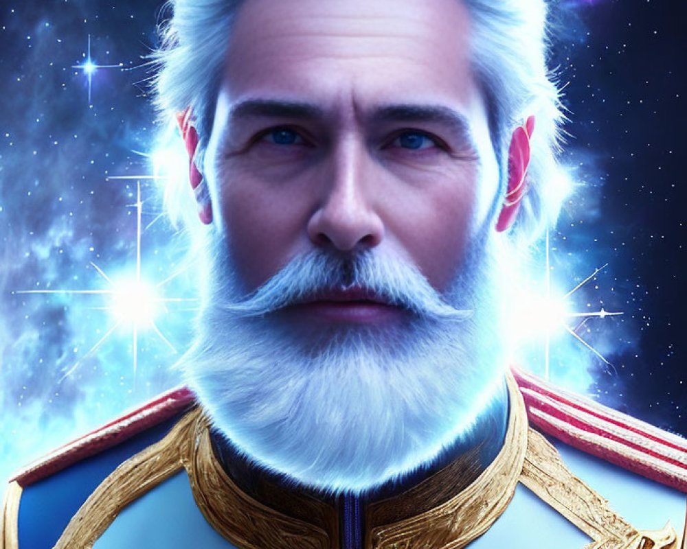 Digital artwork of man with white beard in regal attire against cosmic background