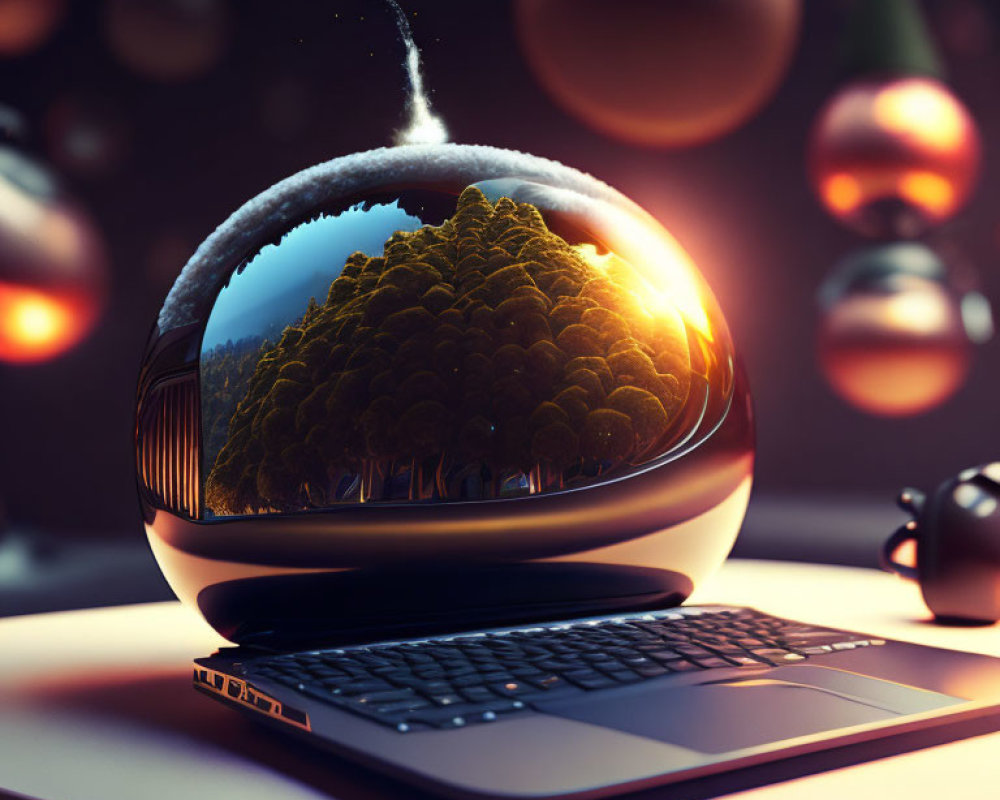 Snow Globe with Forest Inside Surrounded by Glowing Orbs on Laptop