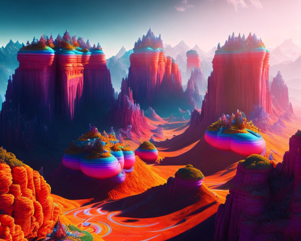 Vibrant surreal landscape with towering rock formations and whimsical trees