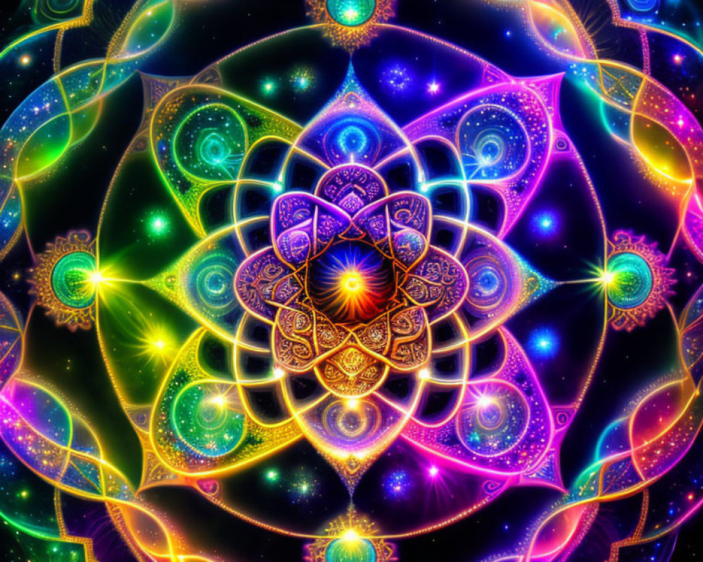 Colorful Digital Mandala with Neon Lights on Starry Background