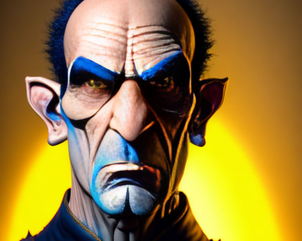 Fantasy character with blue face paint and pointed ears on fiery backdrop