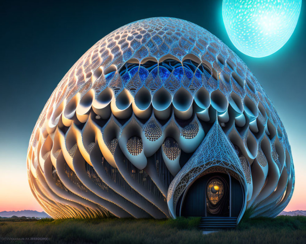 Organic-shaped futuristic building under surreal sky with glowing orbs