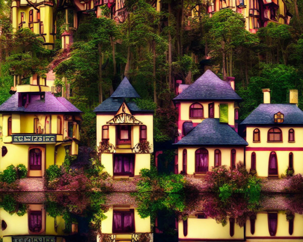 Charming fairy tale houses in lush greenery with pink and purple hues