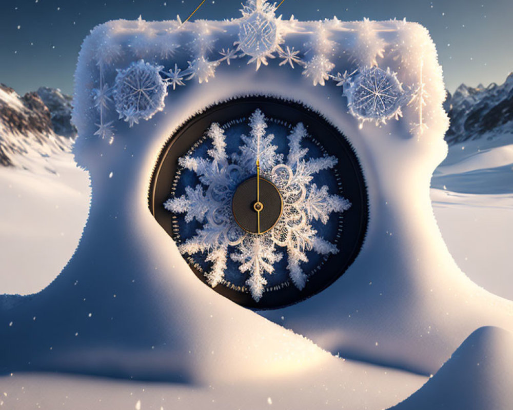 Surreal snowflake-shaped opening with clock in snowy mountain landscape