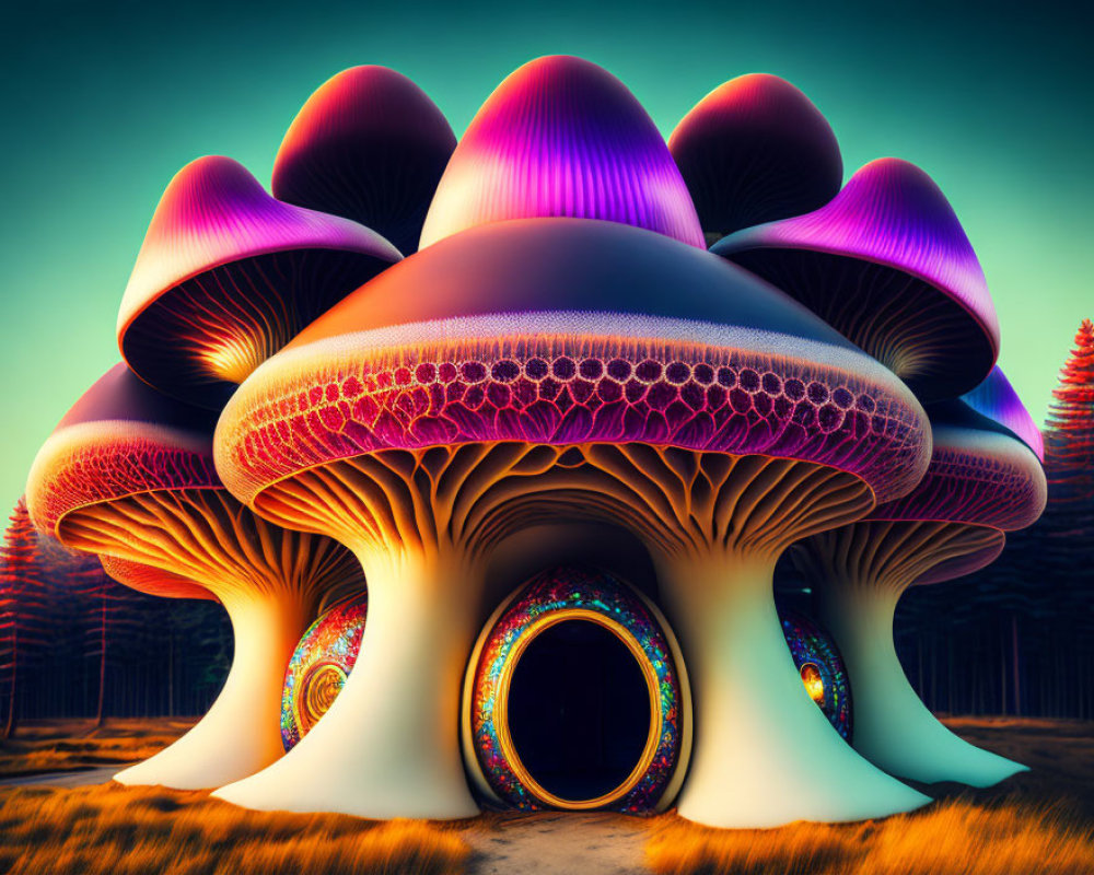 Colorful Oversized Fantasy Mushrooms in Sunset Forest Landscape