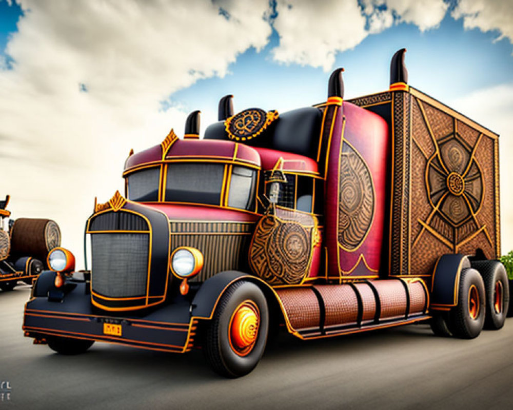 Vintage-style trucks with steampunk designs on open road under cloudy sky