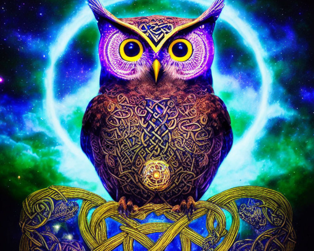 Colorful Owl with Glowing Eyes in Cosmic Setting and Celtic Knots