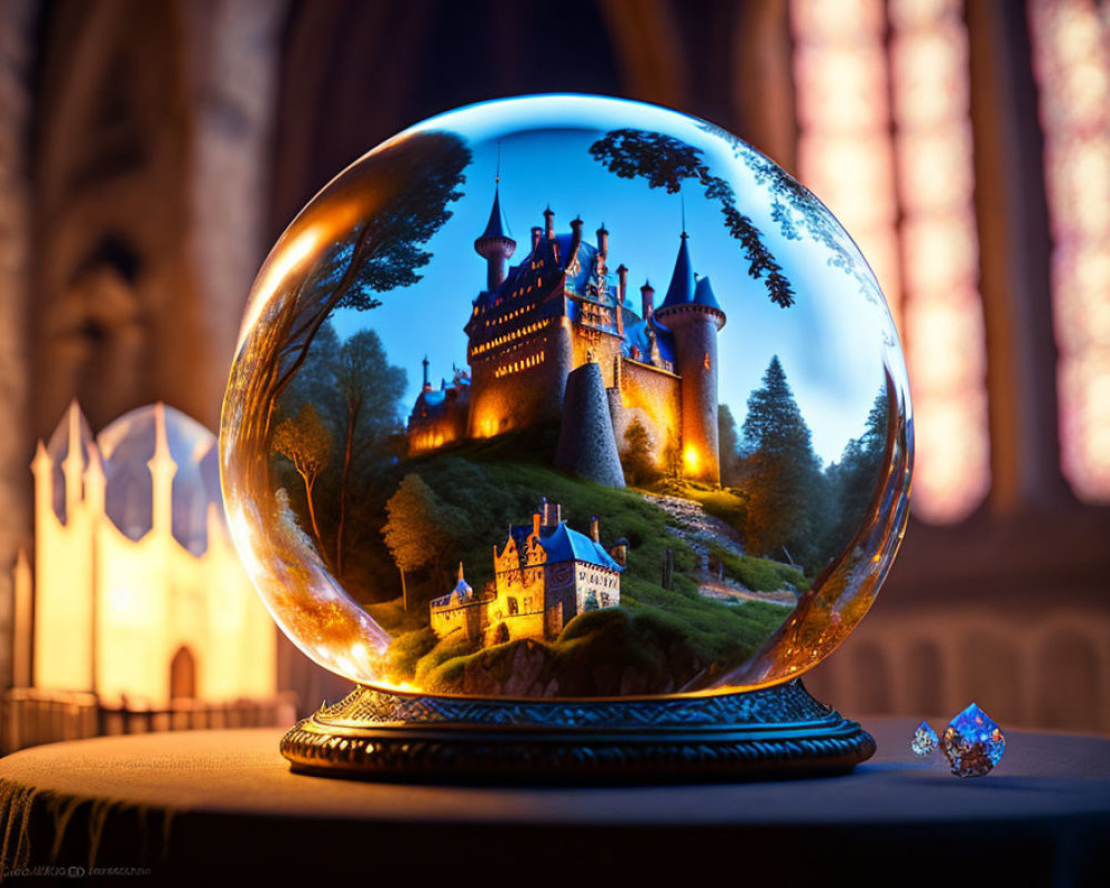 Crystal ball on stand shows vivid castle scene with echoed architecture in softly lit background