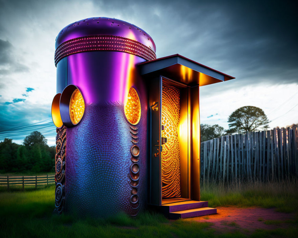 Futuristic purple booth with ornate patterns and glowing orange windows in rural setting