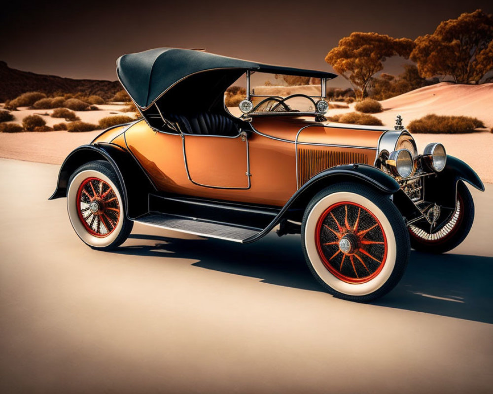 Classic Vintage Car with Orange and Black Bodywork, Spoked Wheels, and Brass Accents on Desert
