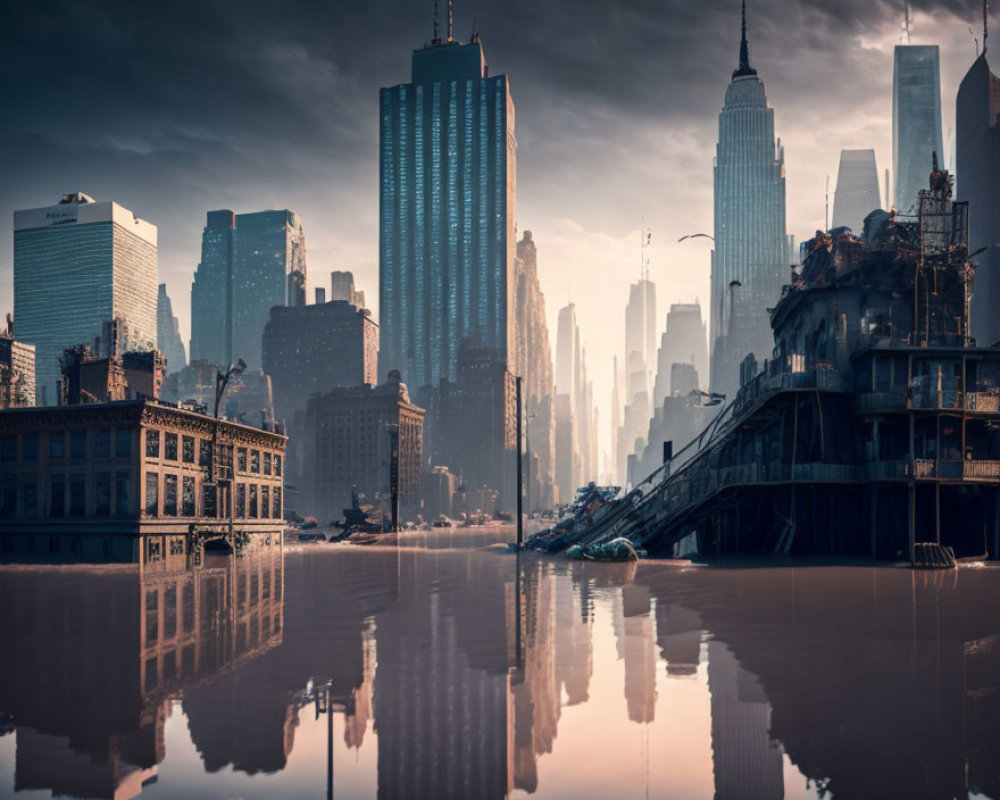 Dystopian Cityscape with Submerged Buildings and Ruins