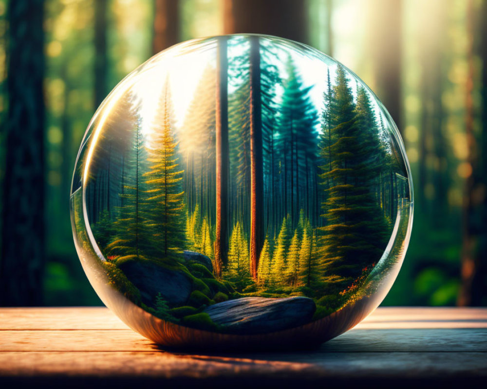 Crystal ball reflecting lush forest on wooden surface