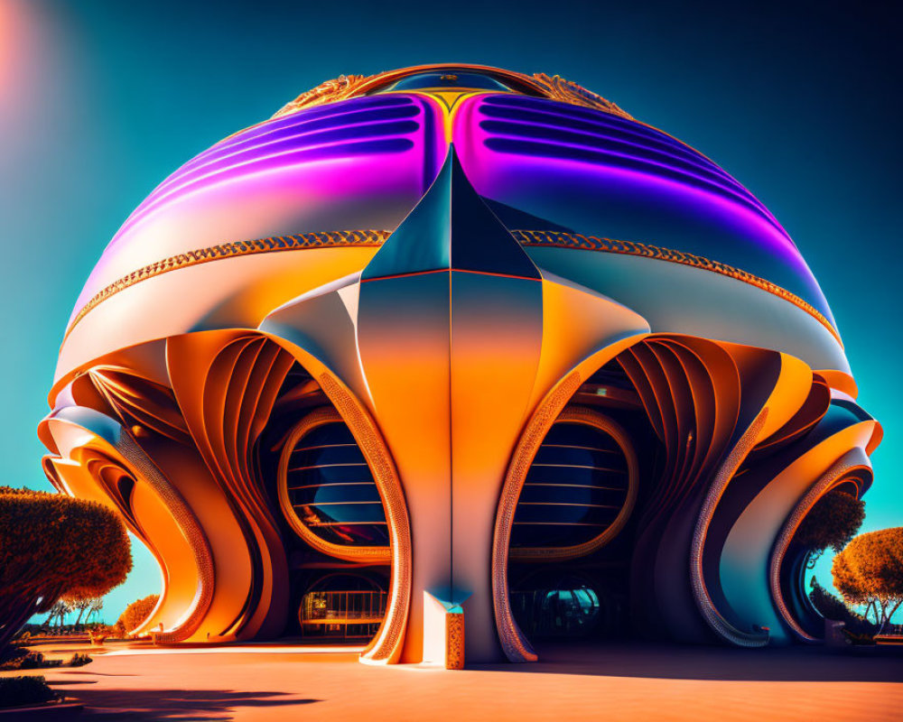 Futuristic spherical building with orange and purple hues against blue sky