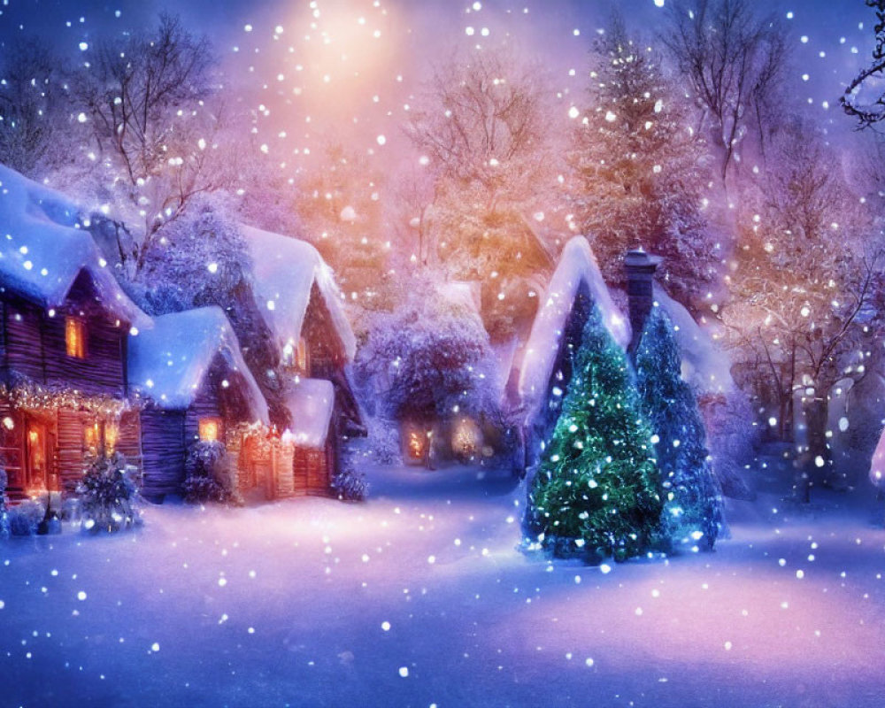 Snow-covered cottages and Christmas tree in magical winter village scene