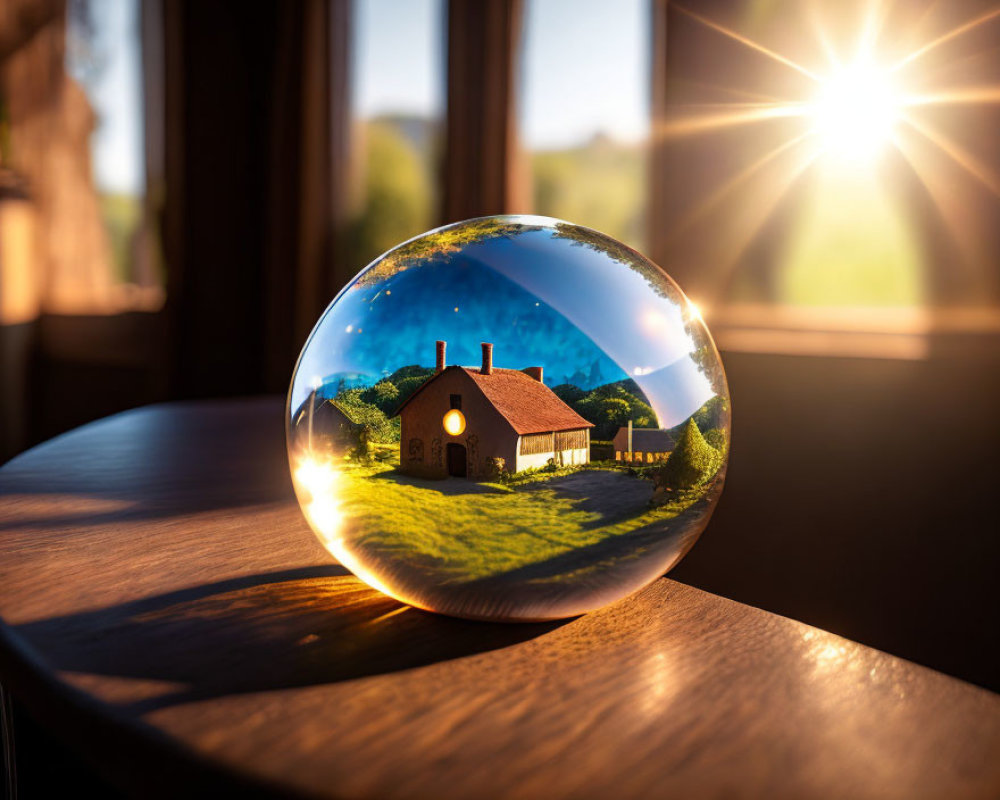Crystal ball on wooden surface reflecting sunlit cottage and lush greenery at sunset