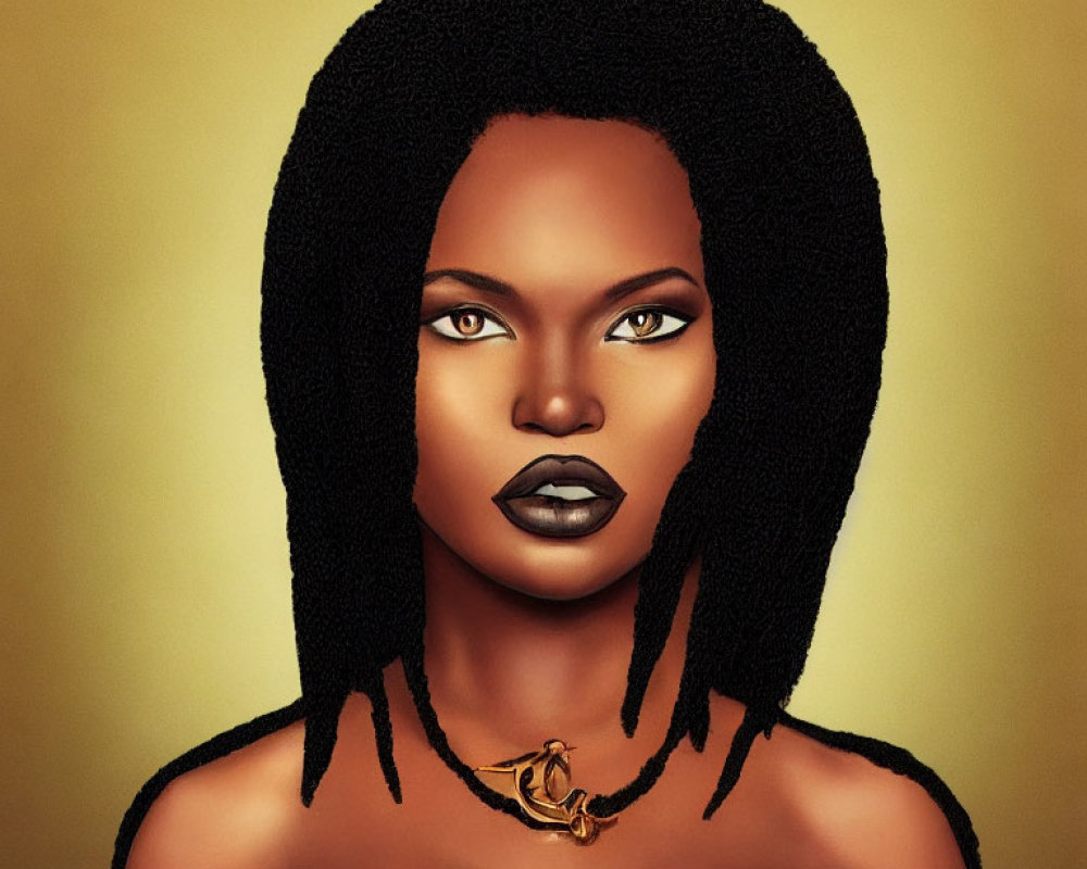 Portrait of woman with black dreadlocks, blue eyes, dark lipstick, and gold choker.