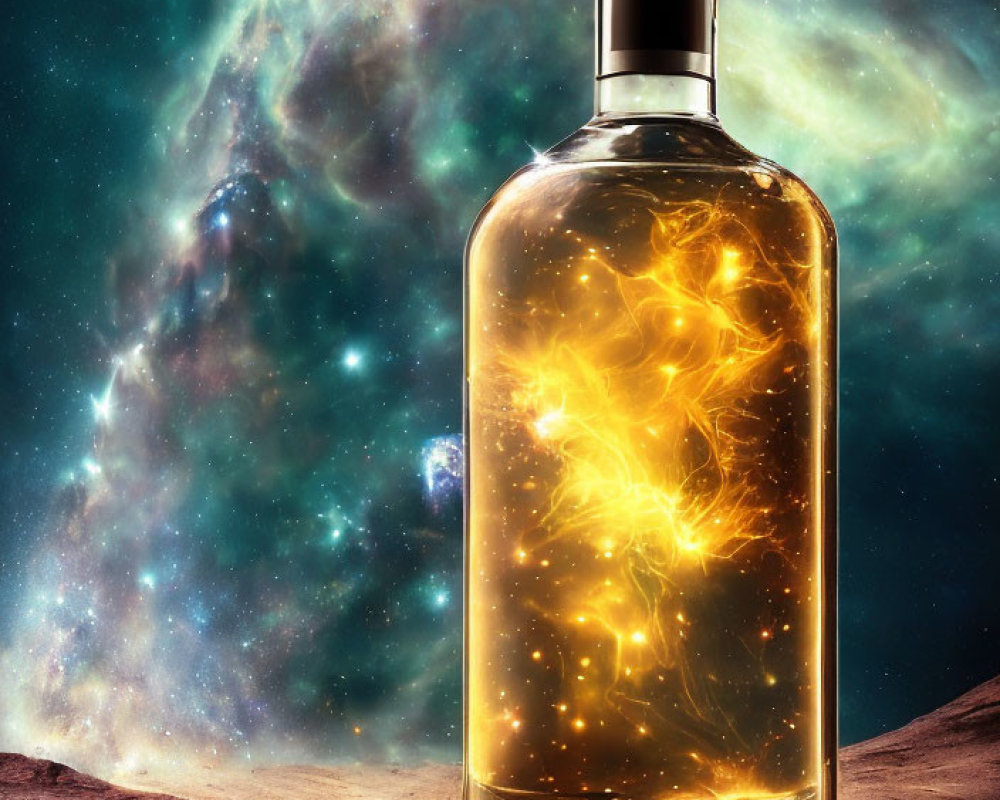 Glowing nebula substance in glass bottle on cosmic backdrop