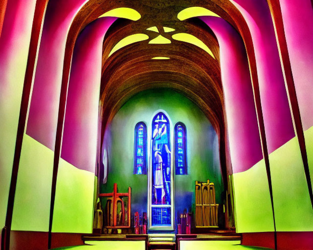 Neon-lit church interior with Gothic arches and stained glass window