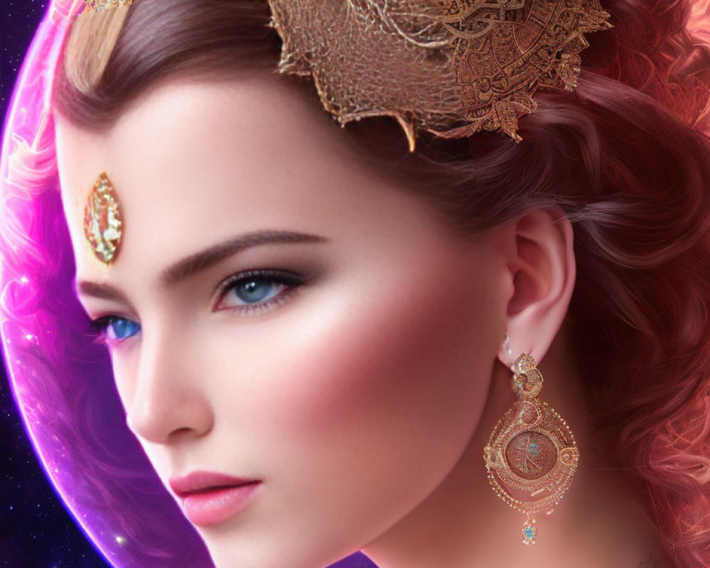 Woman adorned in golden jewelry with blue eyes and red hair on cosmic purple background.