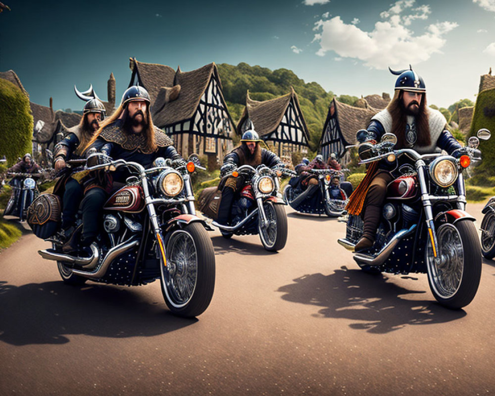 Vikings on horned helmets riding motorcycles in a village scene