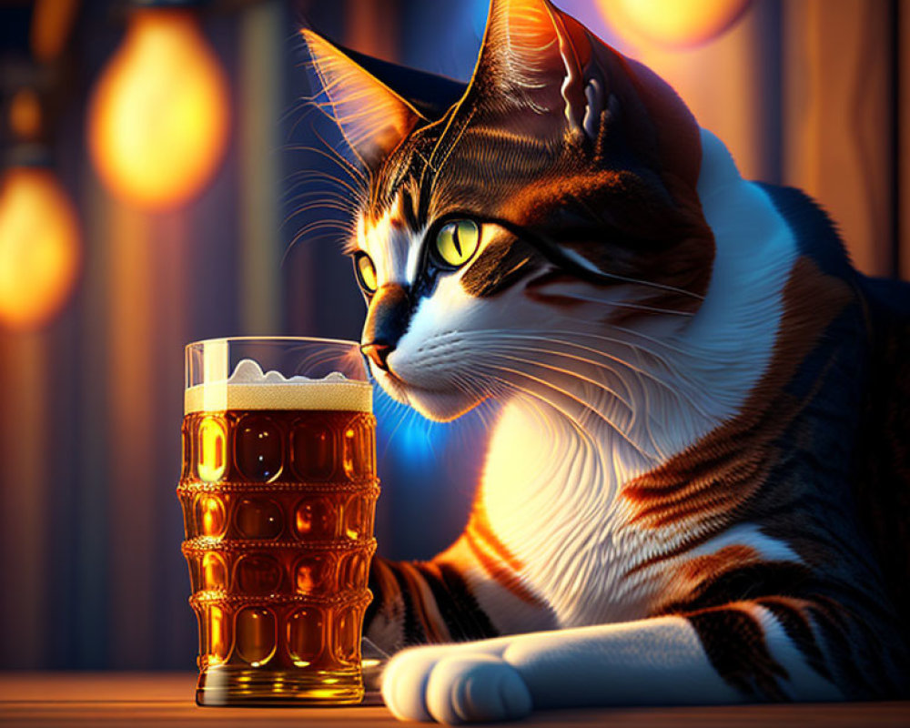 Striking-eyed domestic cat beside full pint glass at twilight bar