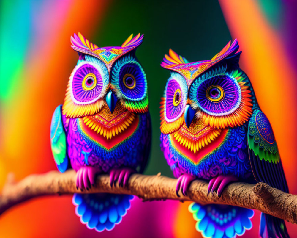 Colorful Owl Figurines on Branch Against Rainbow Background