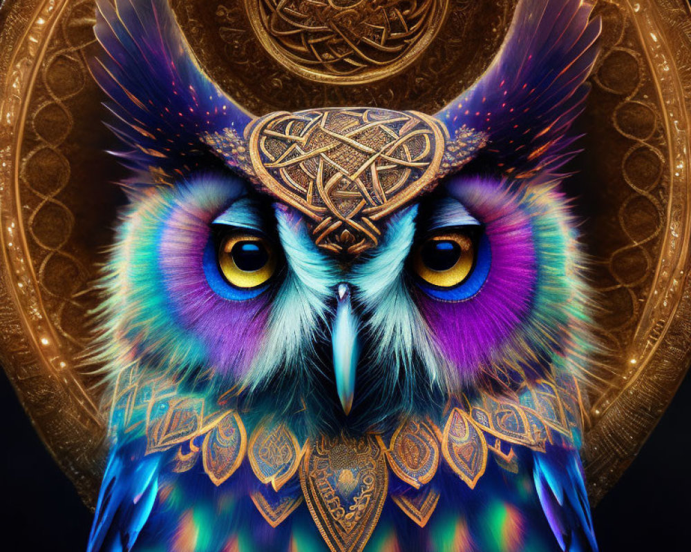 Colorful Owl Digital Art with Yellow Eyes and Mandala Background