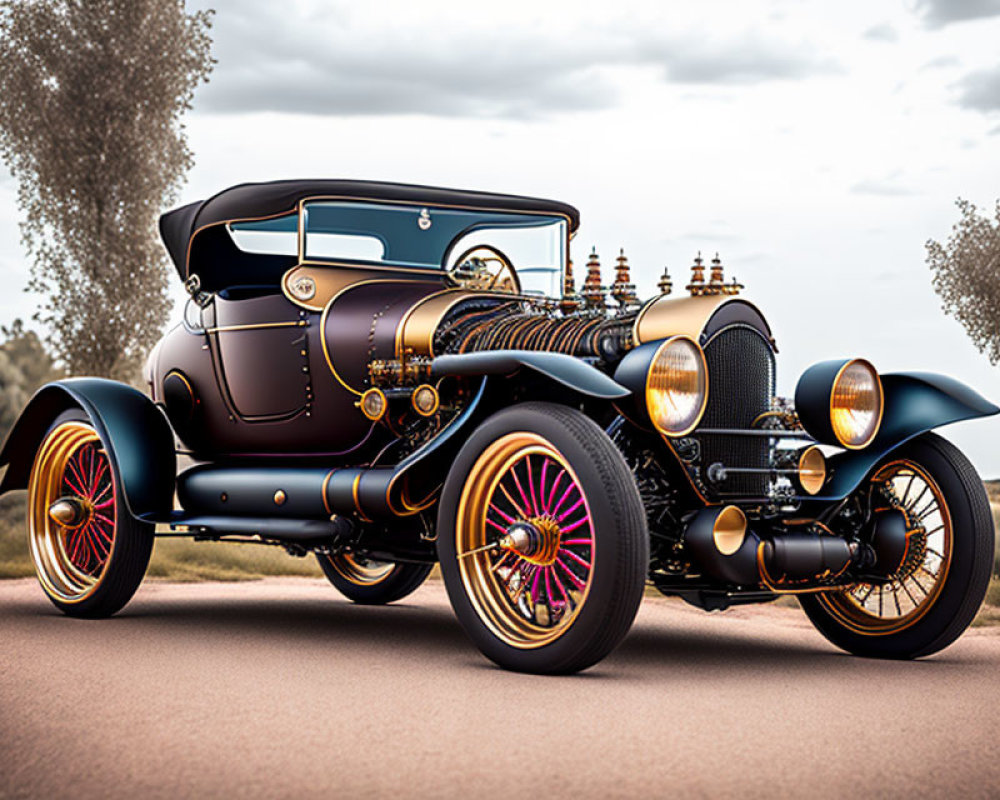 Vintage car with brass details and colorful spoke wheels on desert road.