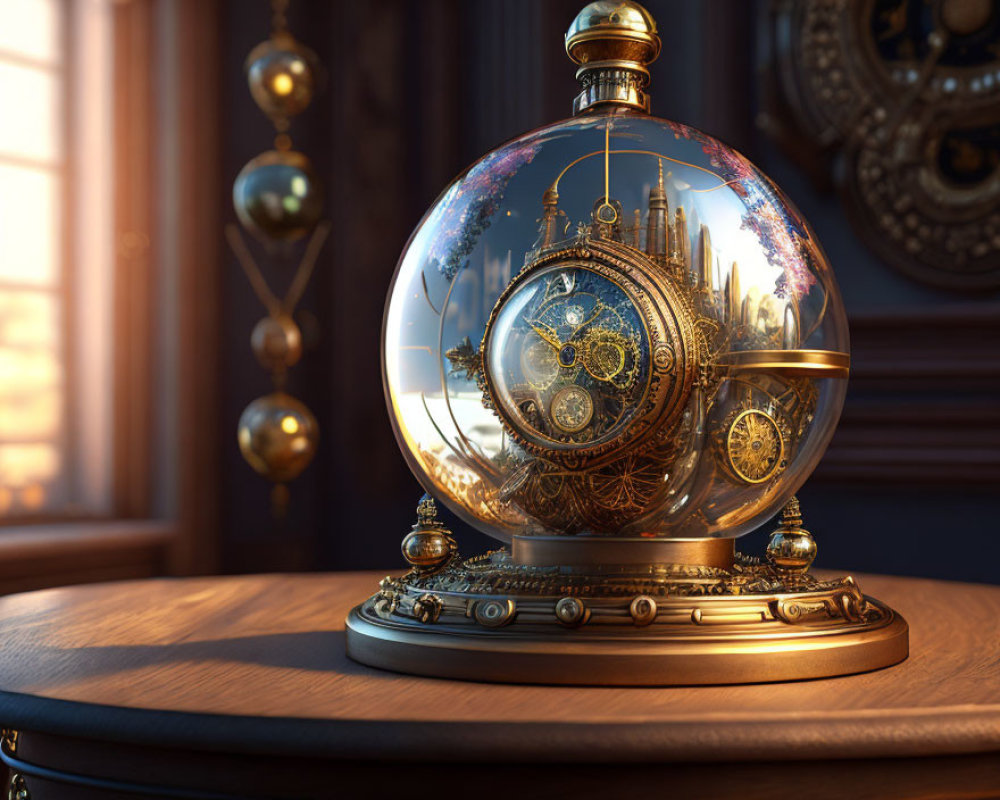 Steampunk-style spherical clock with cityscape design in luxurious room