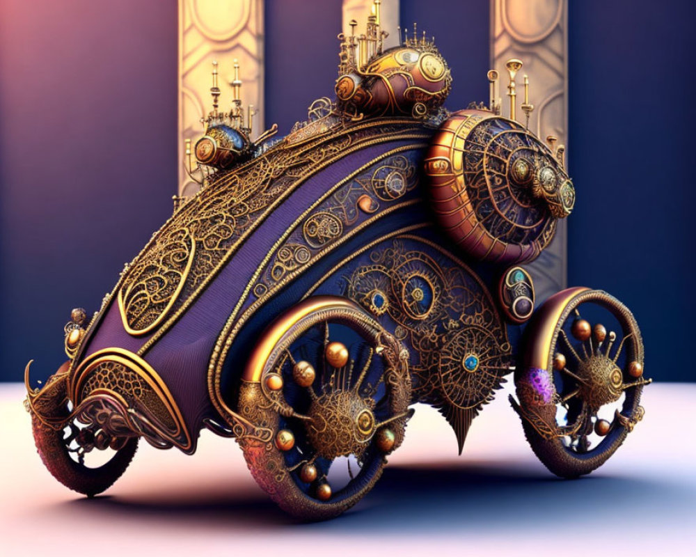Intricate Steampunk-Style Vehicle with Metalwork and Cogwheel Patterns
