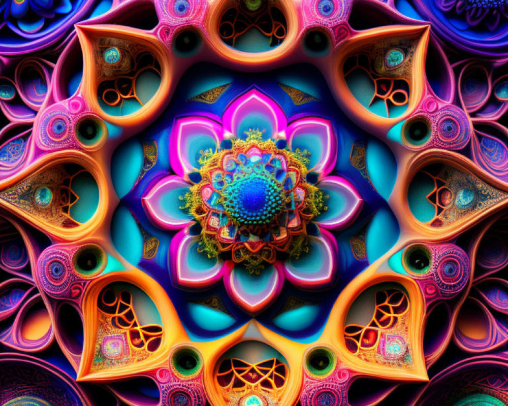 Symmetrical fractal art with vivid colors and intricate floral mandala patterns
