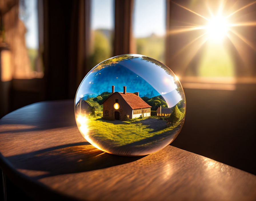 Crystal ball on wooden surface reflecting sunlit cottage and lush greenery at sunset