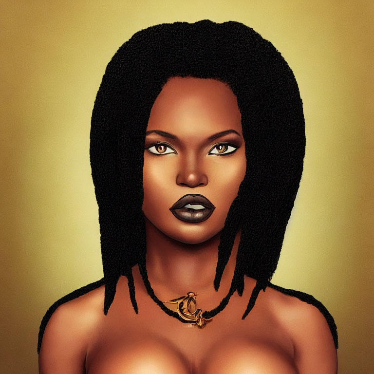Portrait of woman with black dreadlocks, blue eyes, dark lipstick, and gold choker.