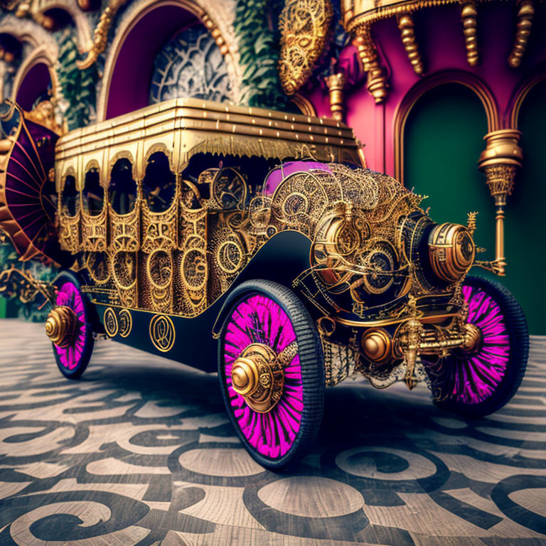 Vintage golden car with magenta wheels in luxurious room with patterned floors and arches