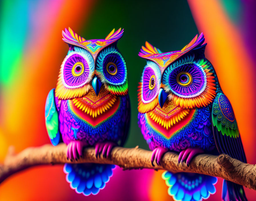 Colorful Owl Figurines on Branch Against Rainbow Background