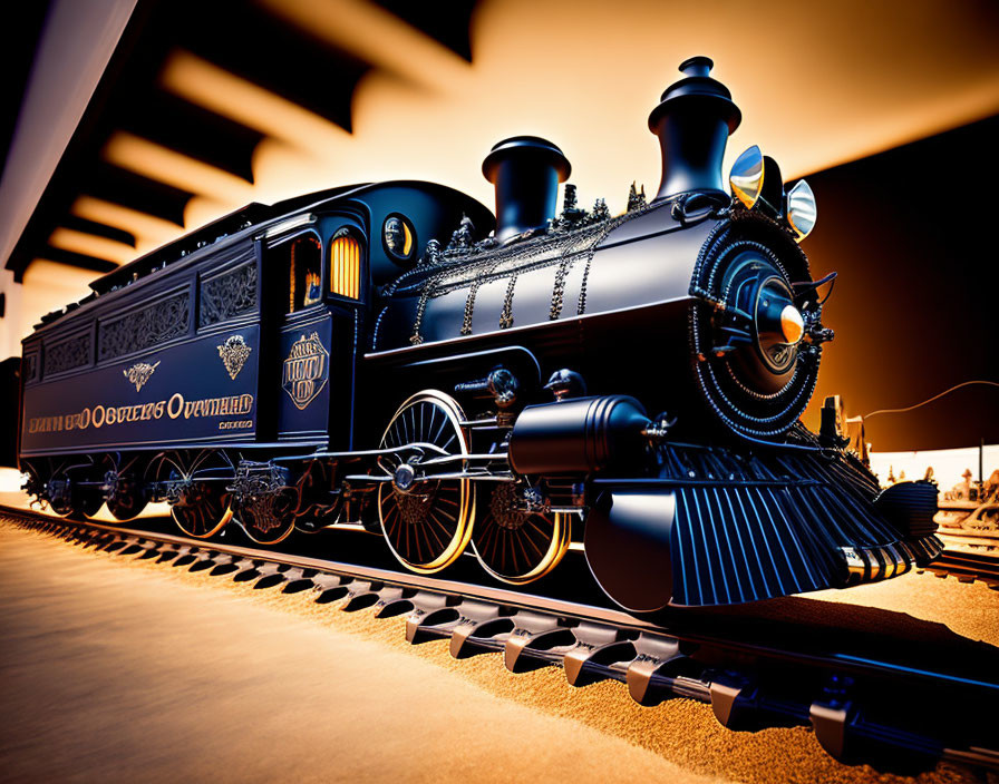 Vintage Black Steam Locomotive with Gold Accents on Orange Background
