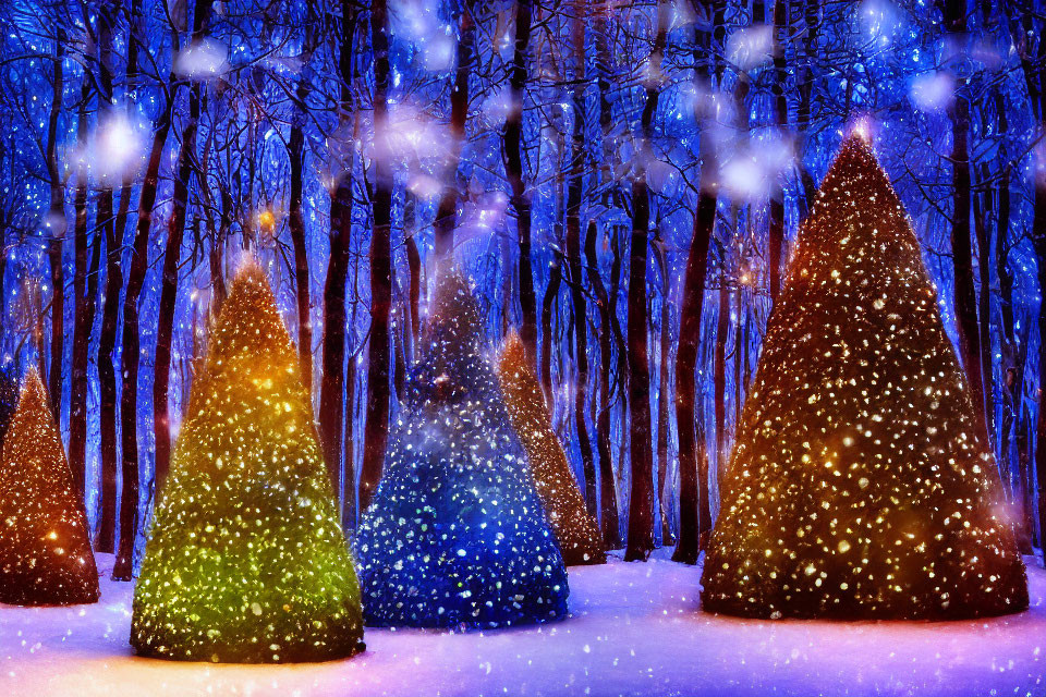 Snowy Forest Night Scene with Colorfully Lit Trees and Falling Snowflakes