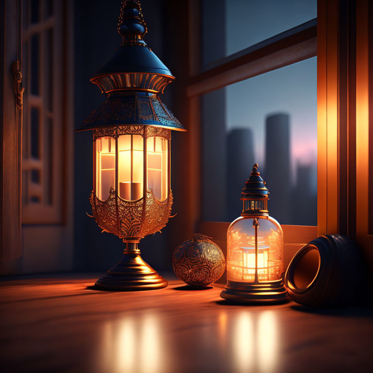 Traditional lanterns by window with city skyline at twilight