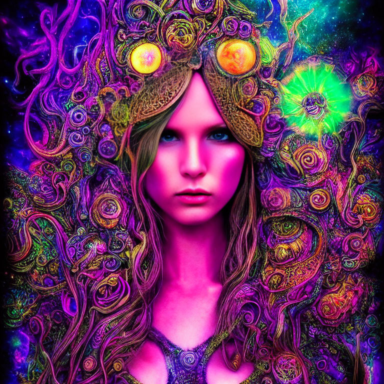 Colorful Swirl Patterns in Woman's Portrait with Glowing Eyes