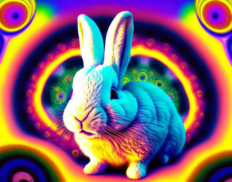 Colorful Psychedelic Rabbit with Vibrant Fur and Fractal Patterns